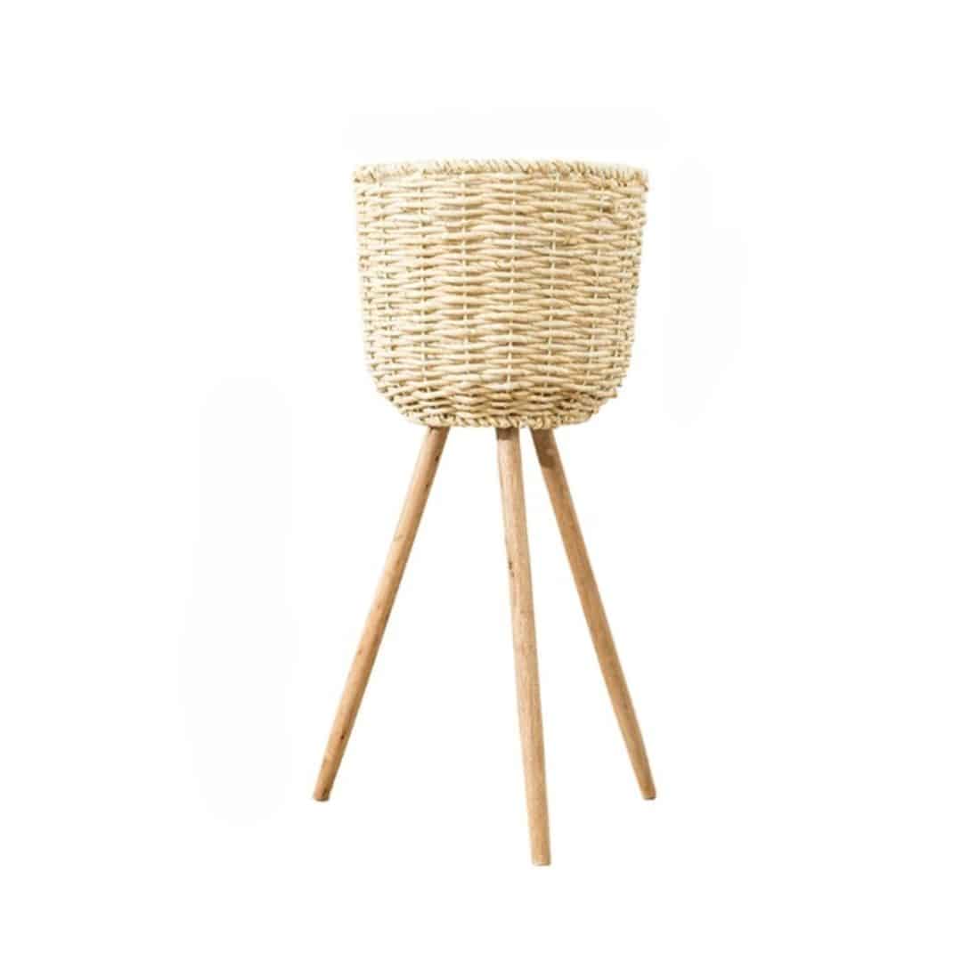 Cache pot rotin avec trépieds en bois
