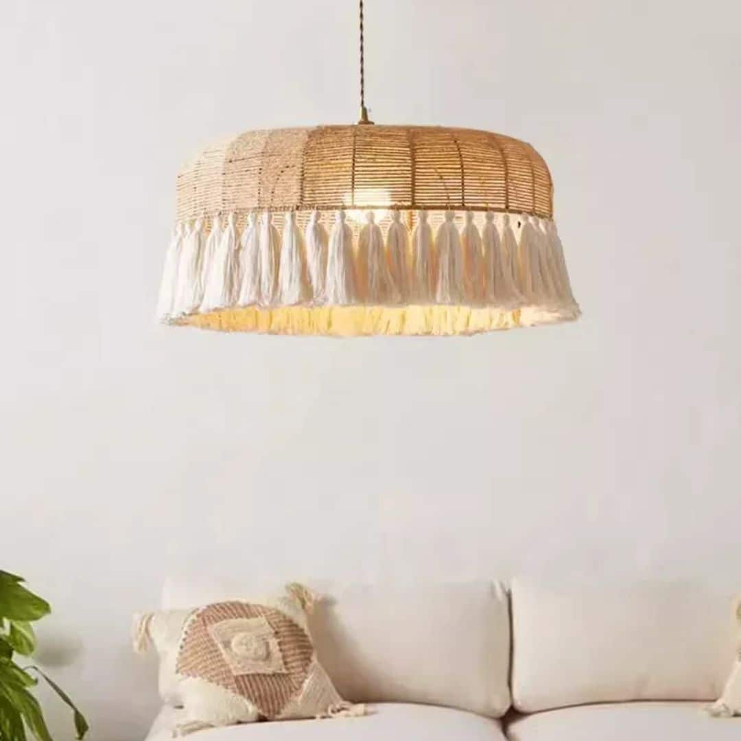 Lustre rotin rétro à pampilles