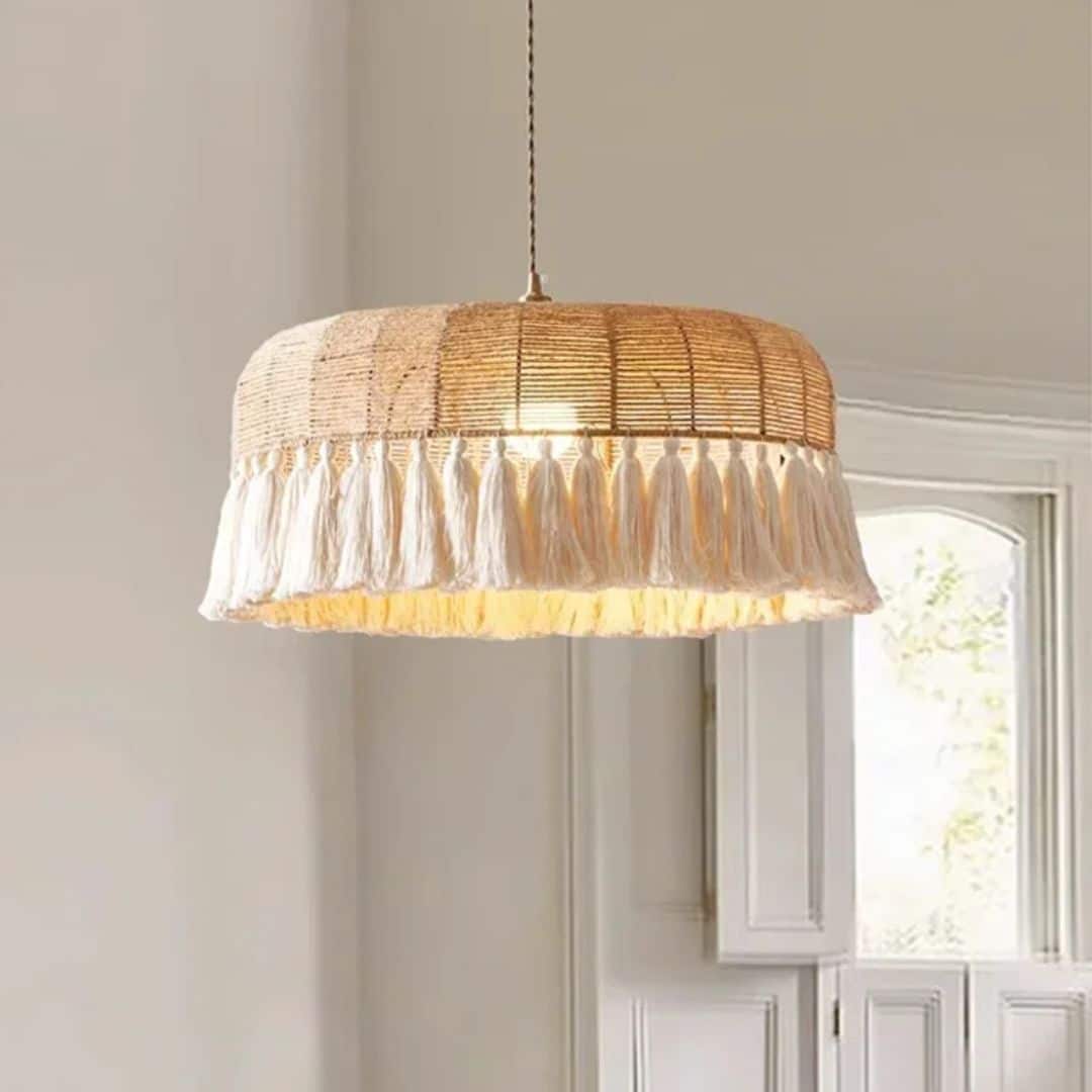 Lustre rotin rétro à pampilles