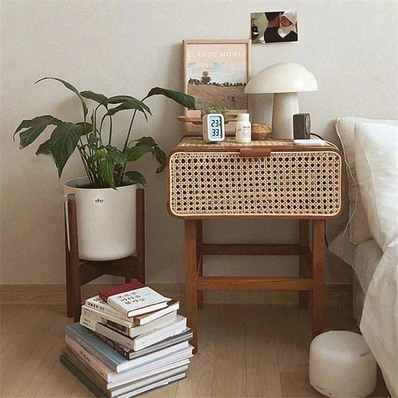Petit meuble rotin marron avec rangement