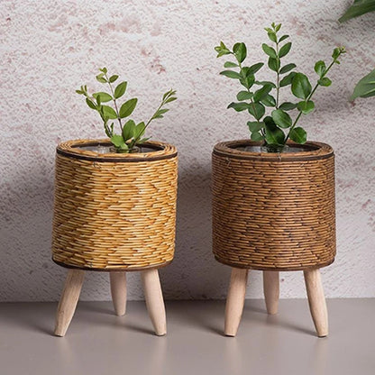 Cache pot effet rotin circulaire sur pieds
