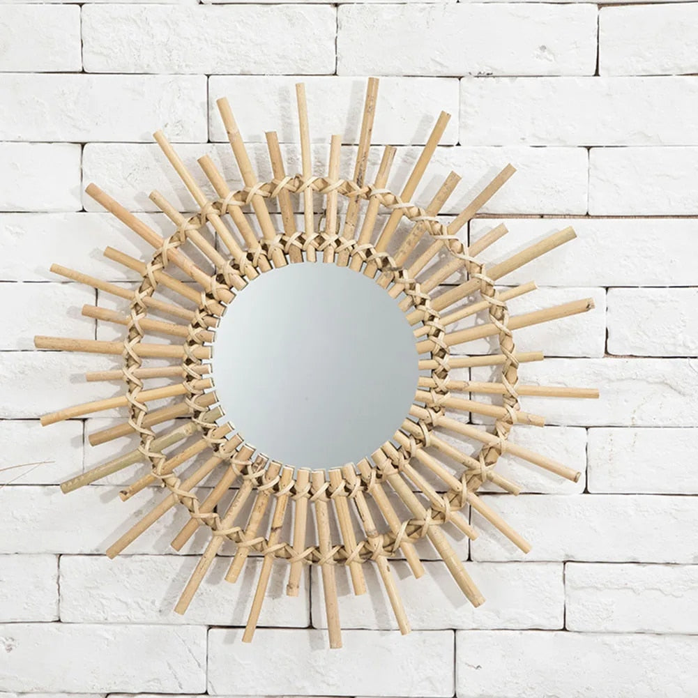 Miroir rond rotin stylé en forme de soleil
