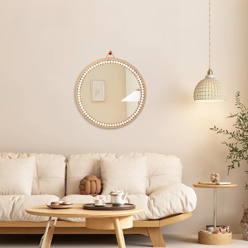 Miroir rotin décoratif avec perles en bois