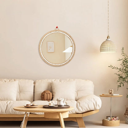 Miroir rotin décoratif avec perles en bois
