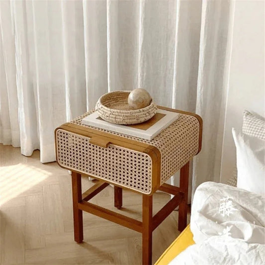 Petit meuble rotin marron avec rangement
