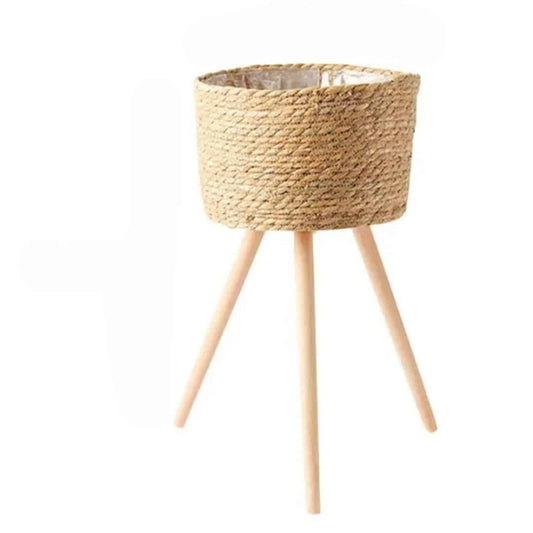 Porte plante rotin et bois avec trépied