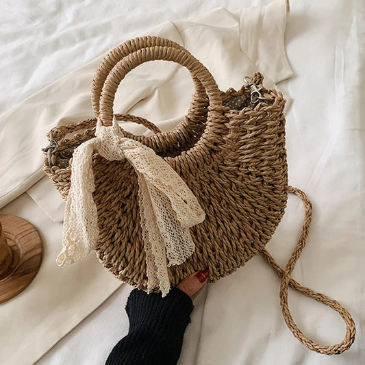 Sac rotin marron avec ruban